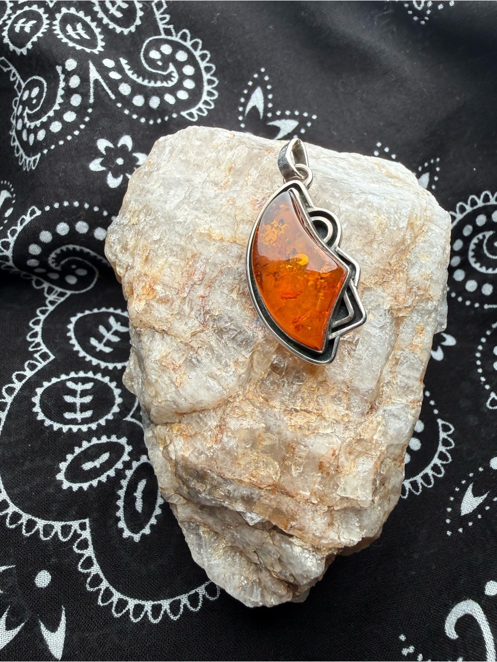 Sterling Silver 925 Amber Pendant Artisan Modernist Statement Jewelry